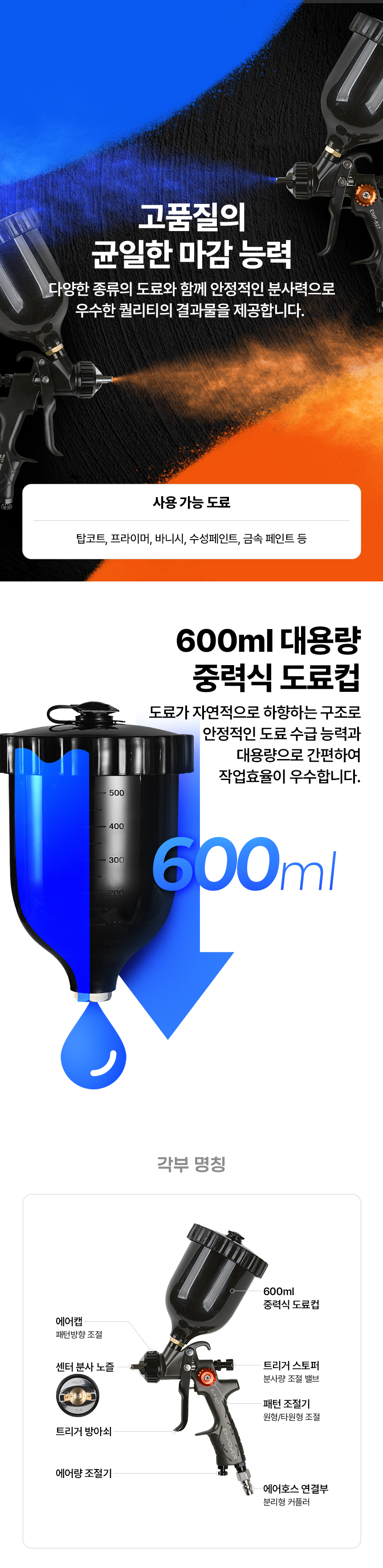 P-827 블랙 중력식 에어 저압 스프레이 건 P-827 스프레이건 세트 (노즐1.4MM- 페인트컵 600cc) P-827 블랙 중력식 에어 저압 스프레이 건 P-827 스프레이건 세트 (노즐1.4MM- 페인트컵 600cc)